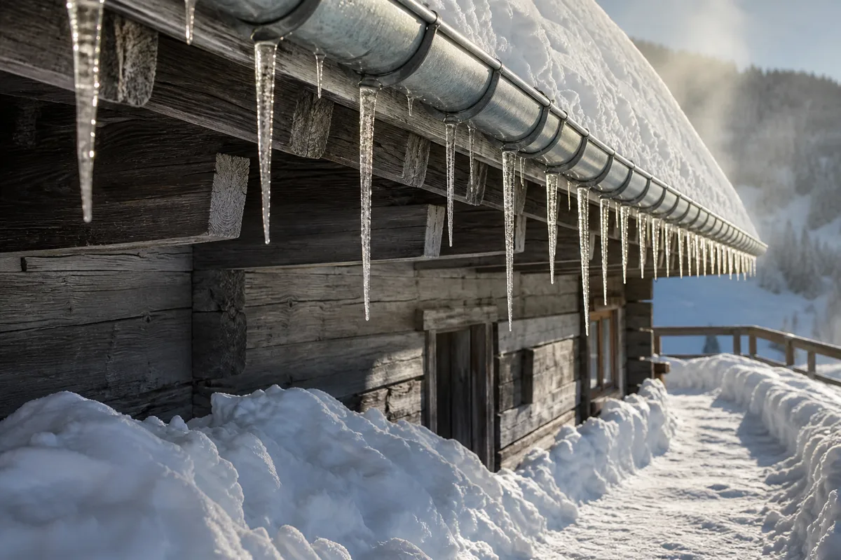 Chalet en bois sous une épaisse couche de neige au bout d’un chemin déneigé en fin de journée