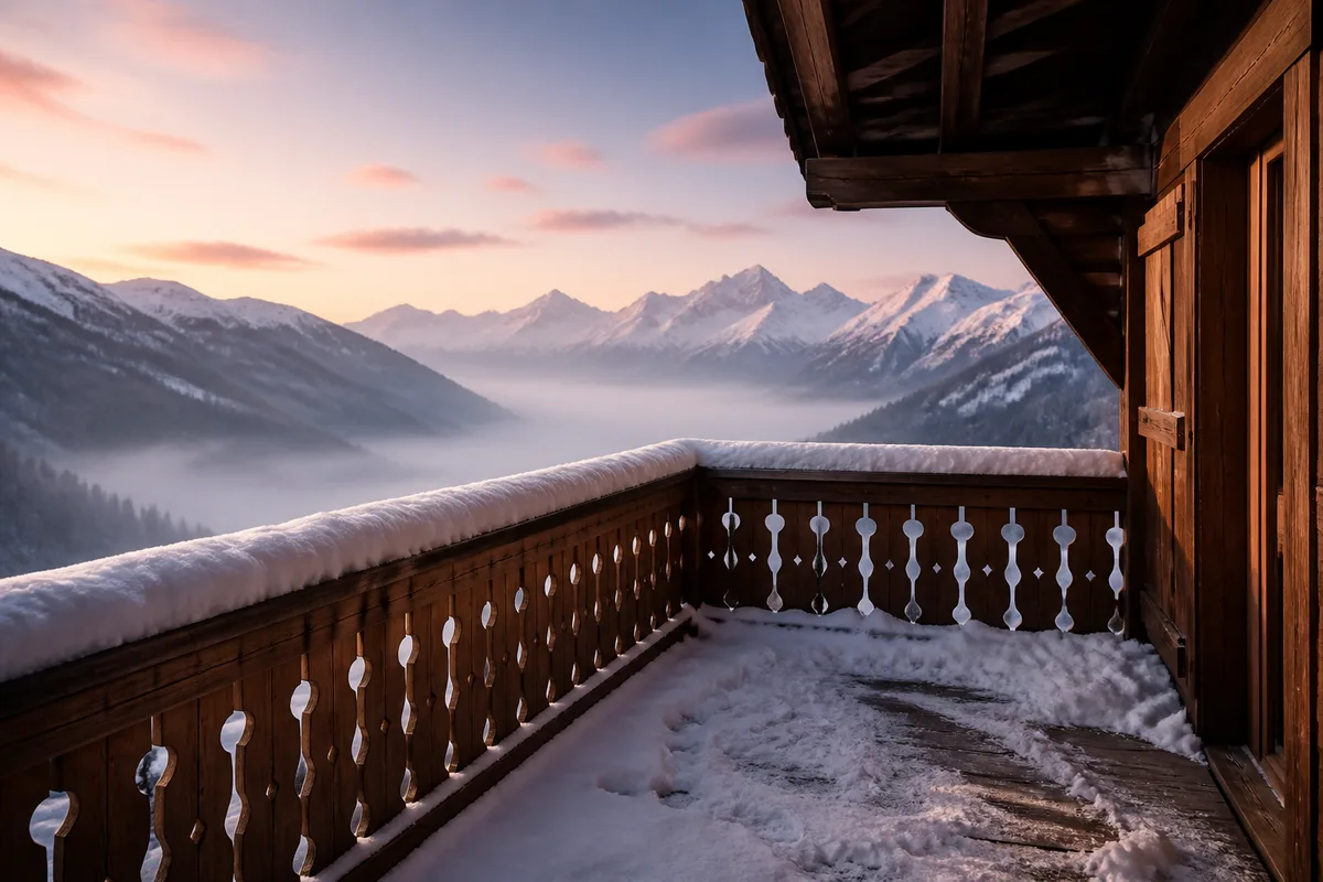 Balcon de chalet en bois chargé de neige surplombant une vallée alpine au petit matin