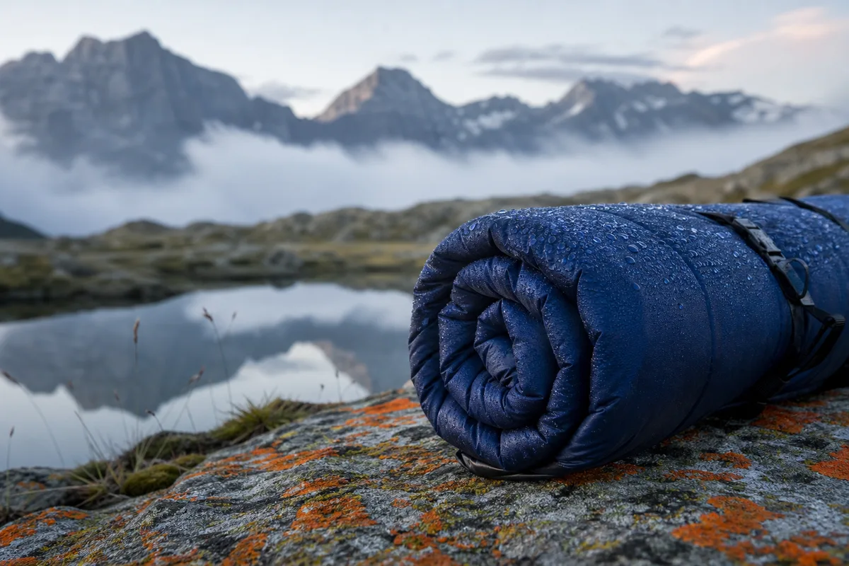 Sac de couchage roulé posé sur un rocher plat au bord d’un lac d’altitude au petit matin