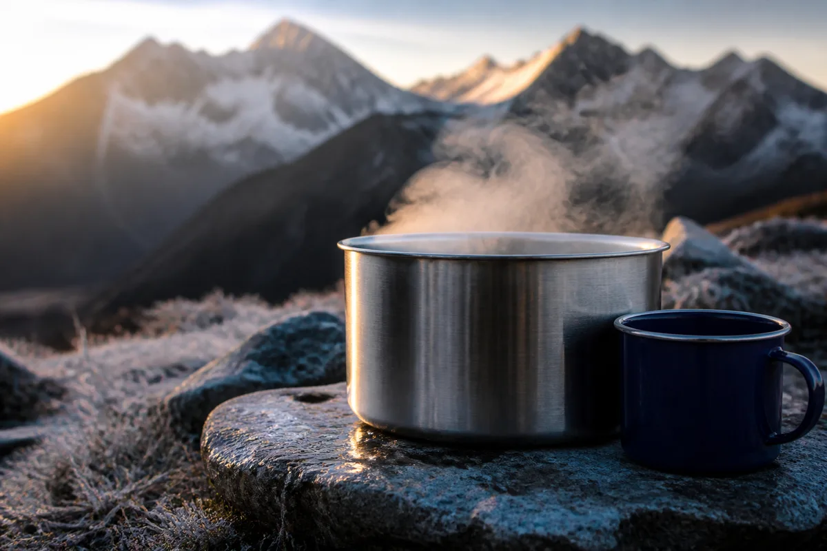 Casserole fumante posée sur une pierre givrée devant un panorama de sommets alpins à l’aube