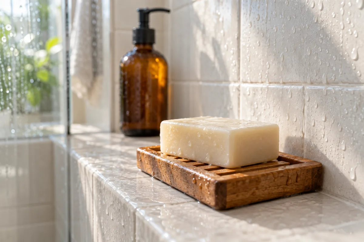 Savon solide surgras sur un porte-savon en bois et flacon pompe ambré dans une douche carrelée claire