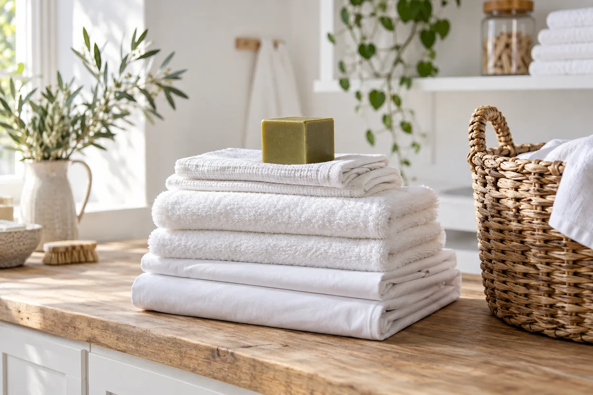 Cube de savon de Marseille posé sur une pile de linge blanc plié dans une buanderie