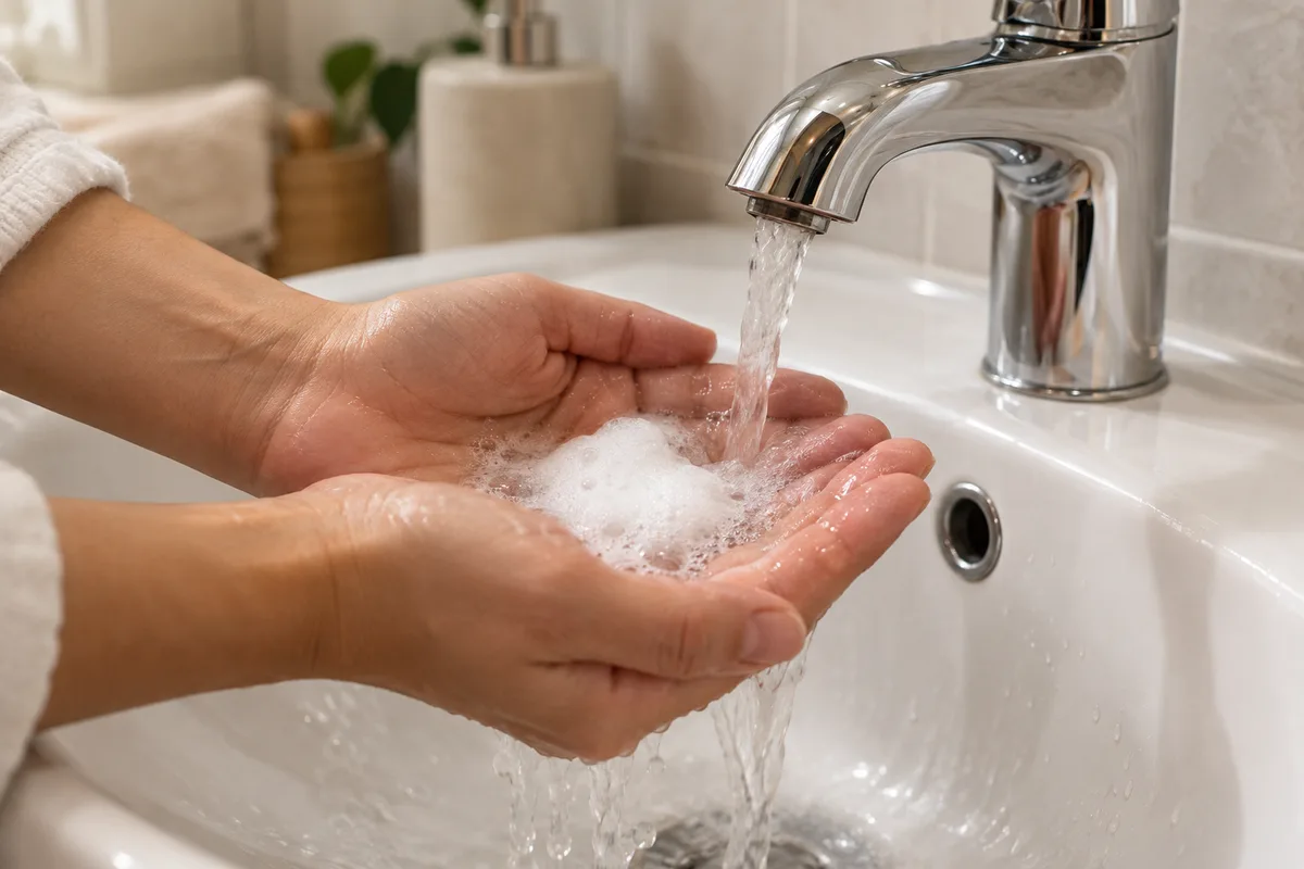 Mains réunies en coupe qui font mousser une noisette de gel douche sous un filet d&rsquo;eau