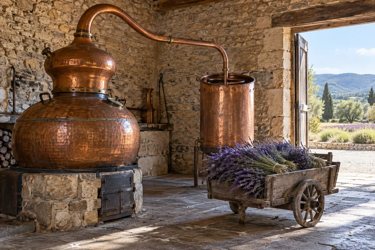 Alambic en cuivre et brassée de lavande fleurie dans une distillerie aux murs de pierre