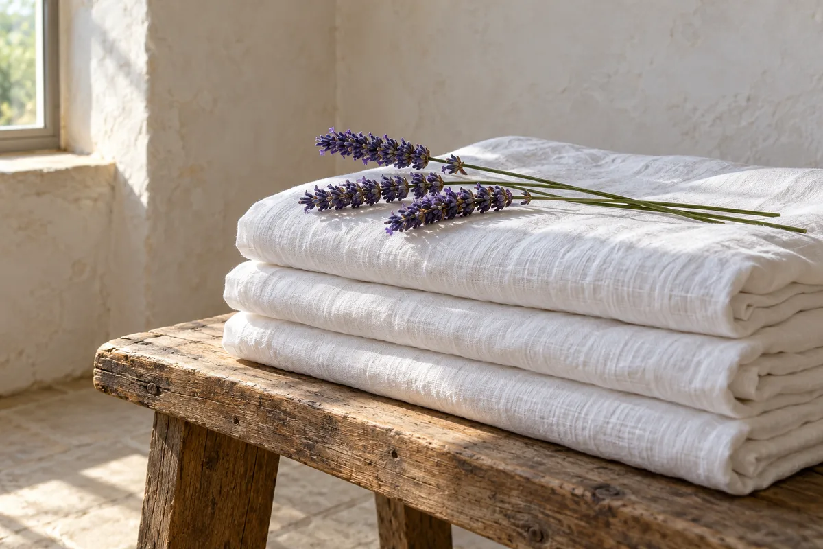 Pile de draps de lin blanc pliés sur un banc en bois, avec des tiges de lavandin en travers