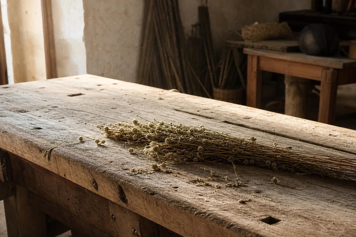 Comptoir en bois brut où reposent des tiges de chanvre séchées