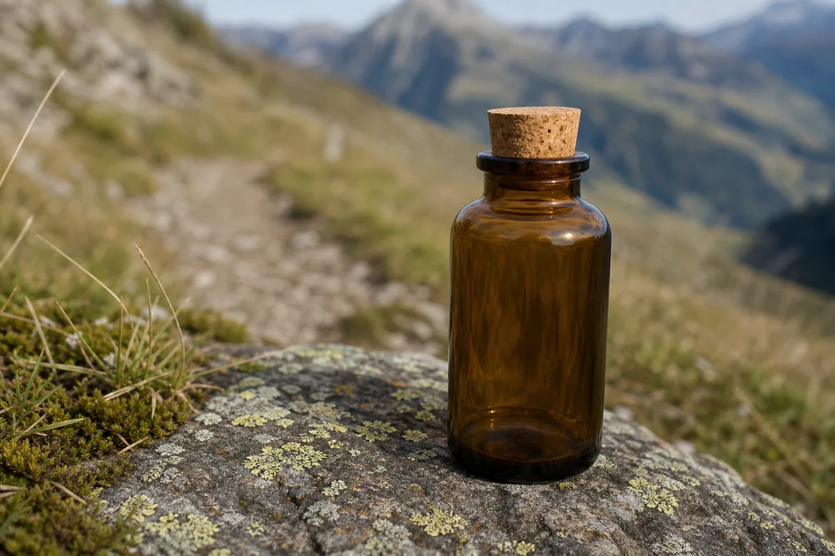 Flacon en verre ambré posé sur une pierre plate au bord d&rsquo;un sentier