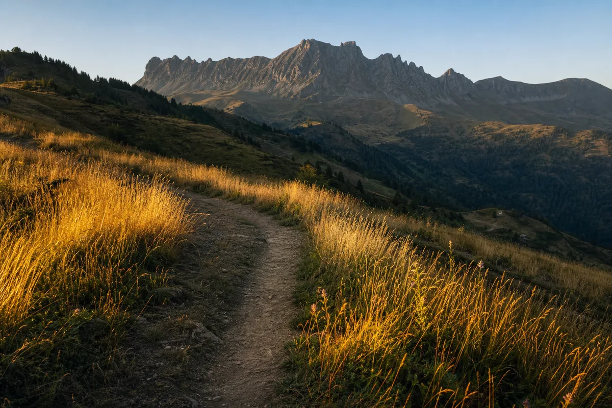 Sentier de montagne en fin de journée bordé d&rsquo;herbes hautes