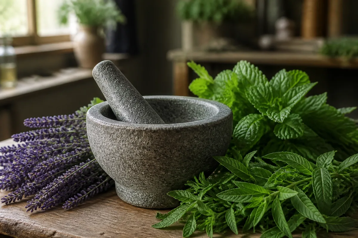Mortier de pierre et brassée de plantes fraîches sur une table en bois