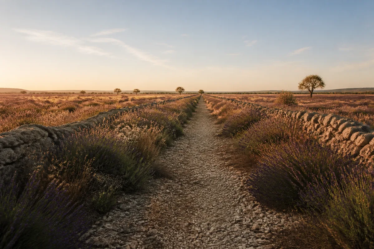 Sentier de plateau provençal bordé de rangs de lavande en fin de journée