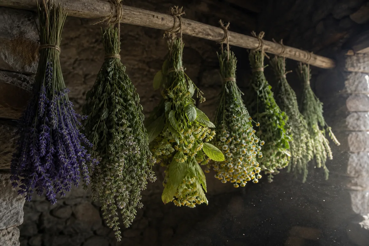 Bouquets de plantes aromatiques suspendus tête en bas dans un séchoir ventilé