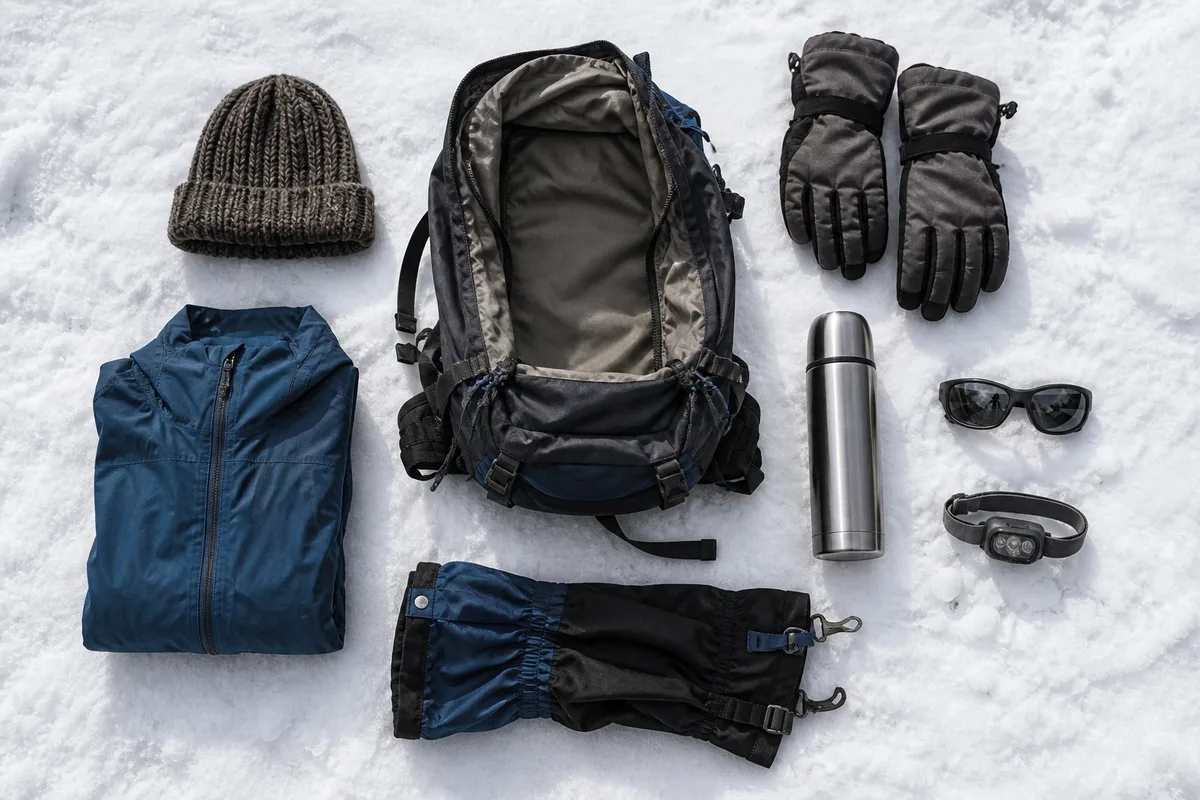 Sac à dos ouvert posé sur la neige avec bonnet, gants, thermos et lunettes de montagne