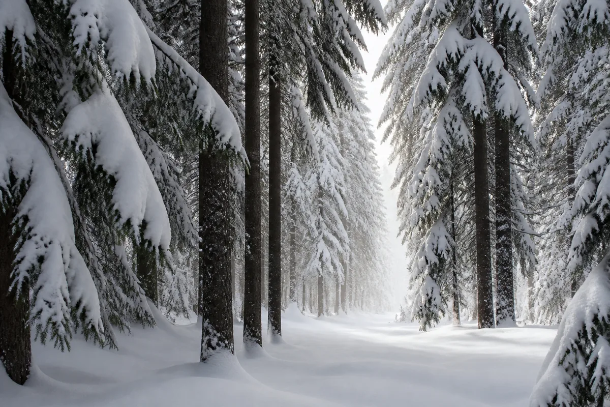 Forêt d’épicéas aux branches lourdement chargées de neige sous une lumière d’hiver douce