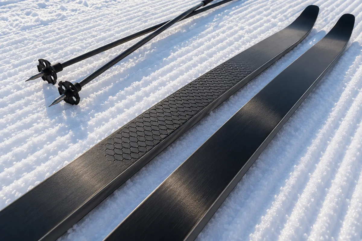 Deux skis de fond retournés sur la neige, l&rsquo;un à écailles, l&rsquo;autre à semelle lisse de skating