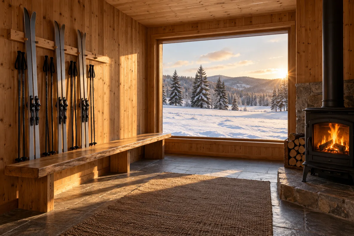 Salle d&rsquo;accueil en bois d&rsquo;un foyer nordique avec râtelier de skis de fond et poêle allumé