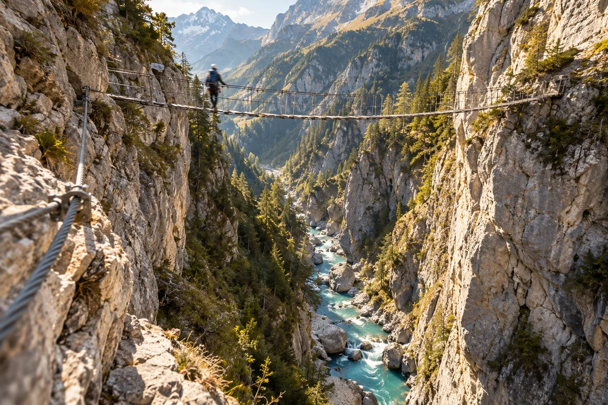 Passerelle de câbles tendue au-dessus d&rsquo;une gorge alpine sur un parcours de via ferrata