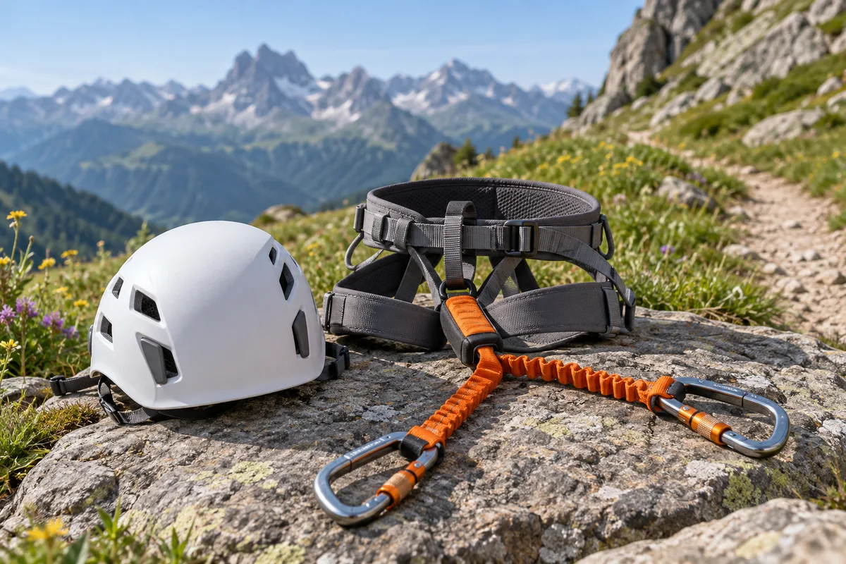 Casque, baudrier et longe en Y posés sur un rocher au départ d&rsquo;un sentier alpin